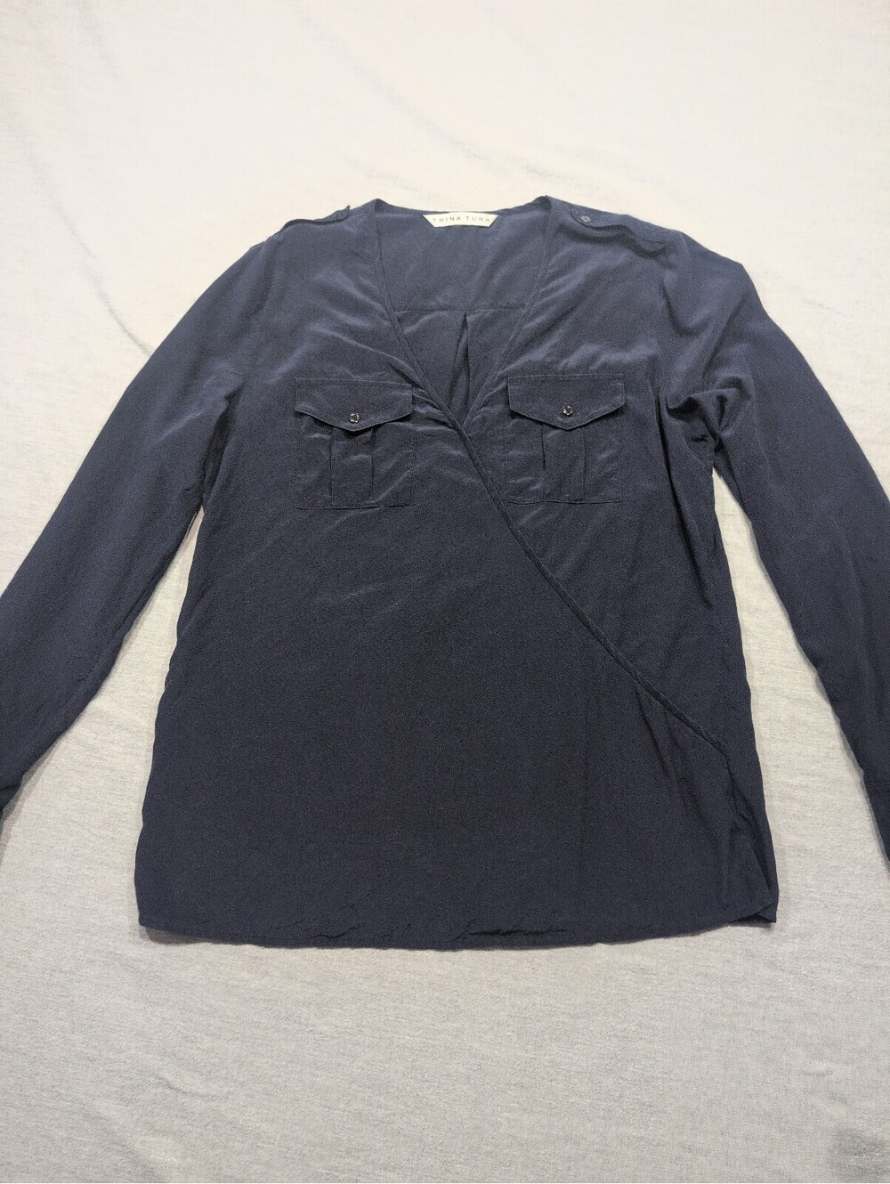 Trina Turk navy silk long sleeve blouse size M